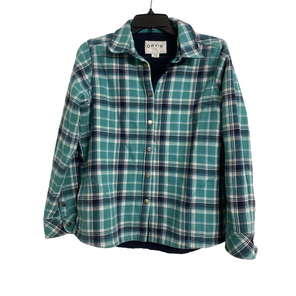 Orvis Teal Flannel Plaid Fleece Lined Shacket Size M‎ Snap Front